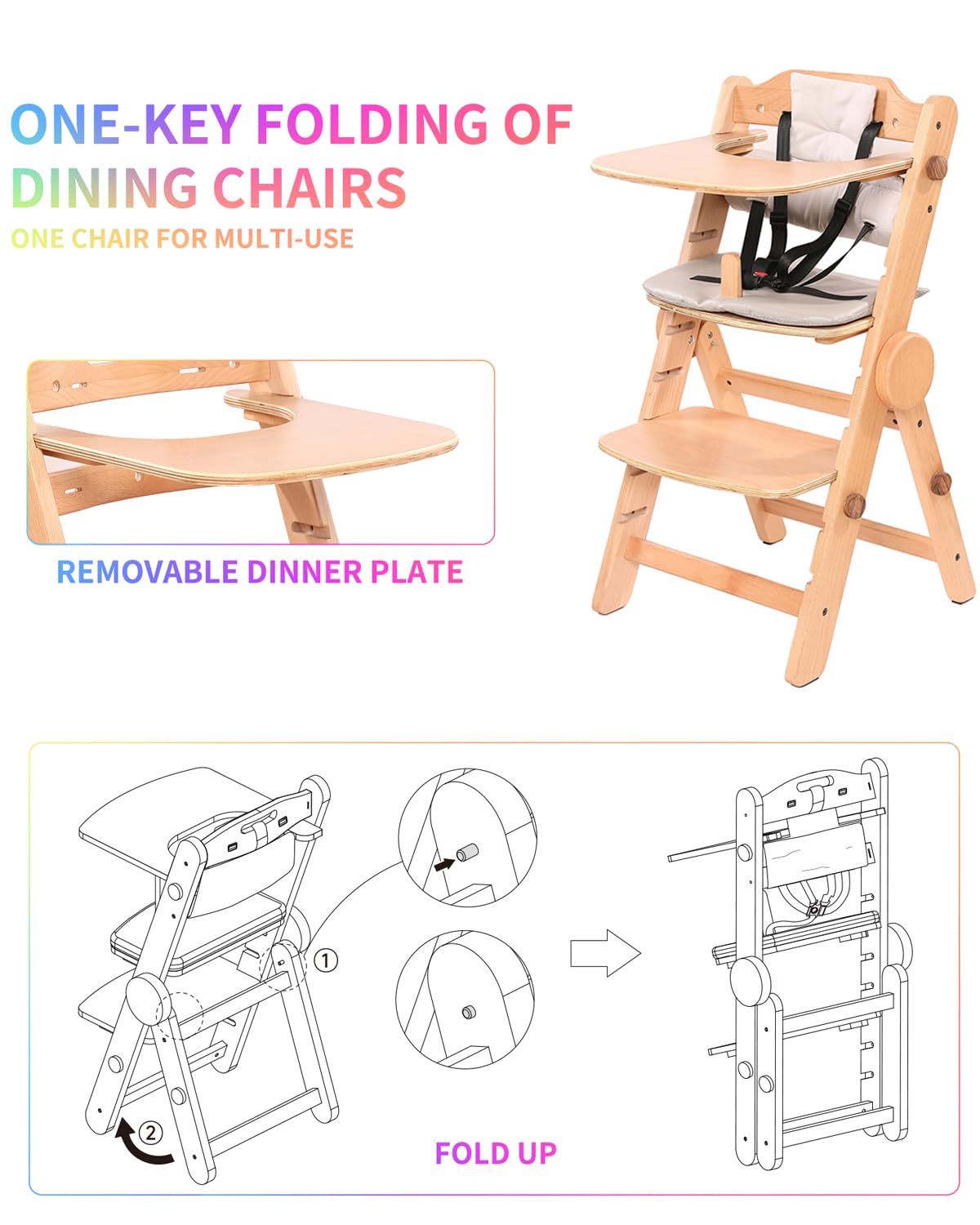 AIMOADO Toddler High Chair Wood folded-storage demonstrates space-saving convenience.