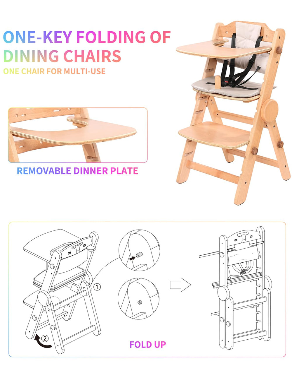 AIMOADO Toddler High Chair Wood folded-storage demonstrates space-saving convenience.