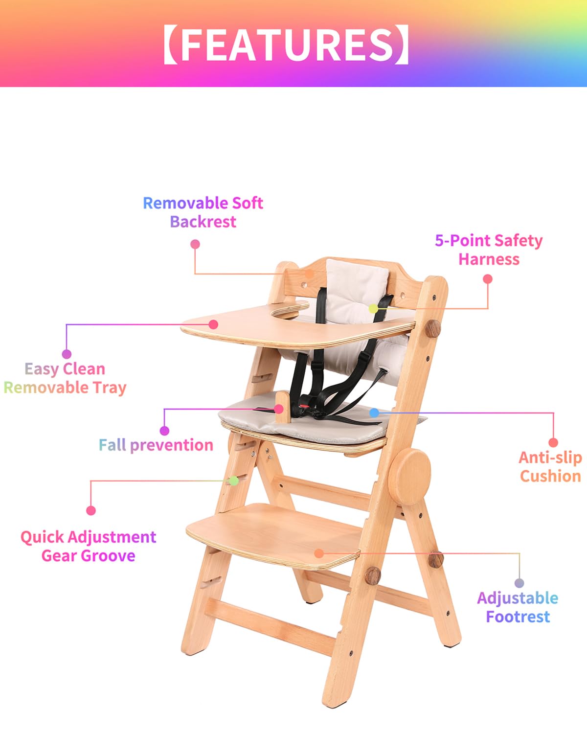 AIMOADO Toddler High Chair Wood height-adjustment mechanism shown in action.