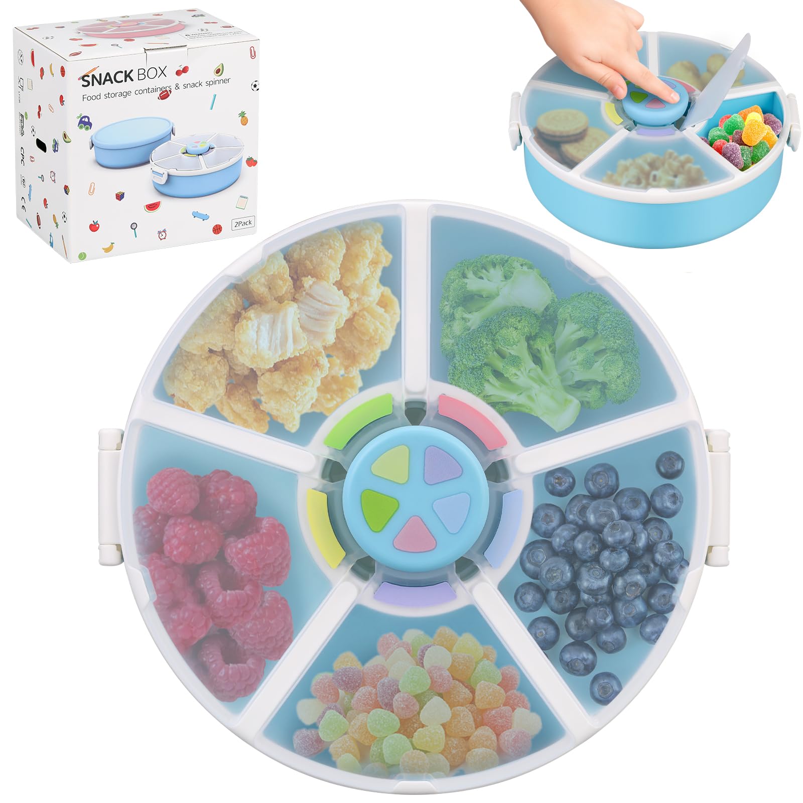 Aimsnk Kids Snack Spinner shows five compartments for organized portions and snack variety.