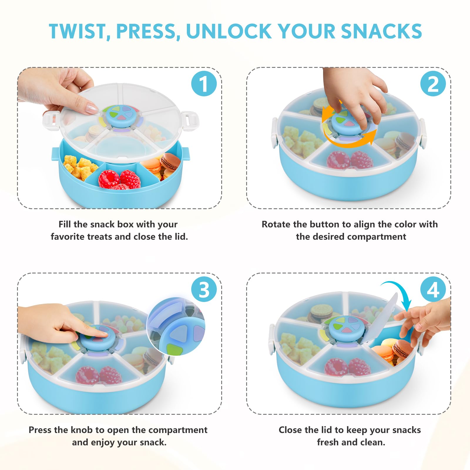Aimsnk snack spinner lid and body illustrate no-spill design for mess-free school snacks.