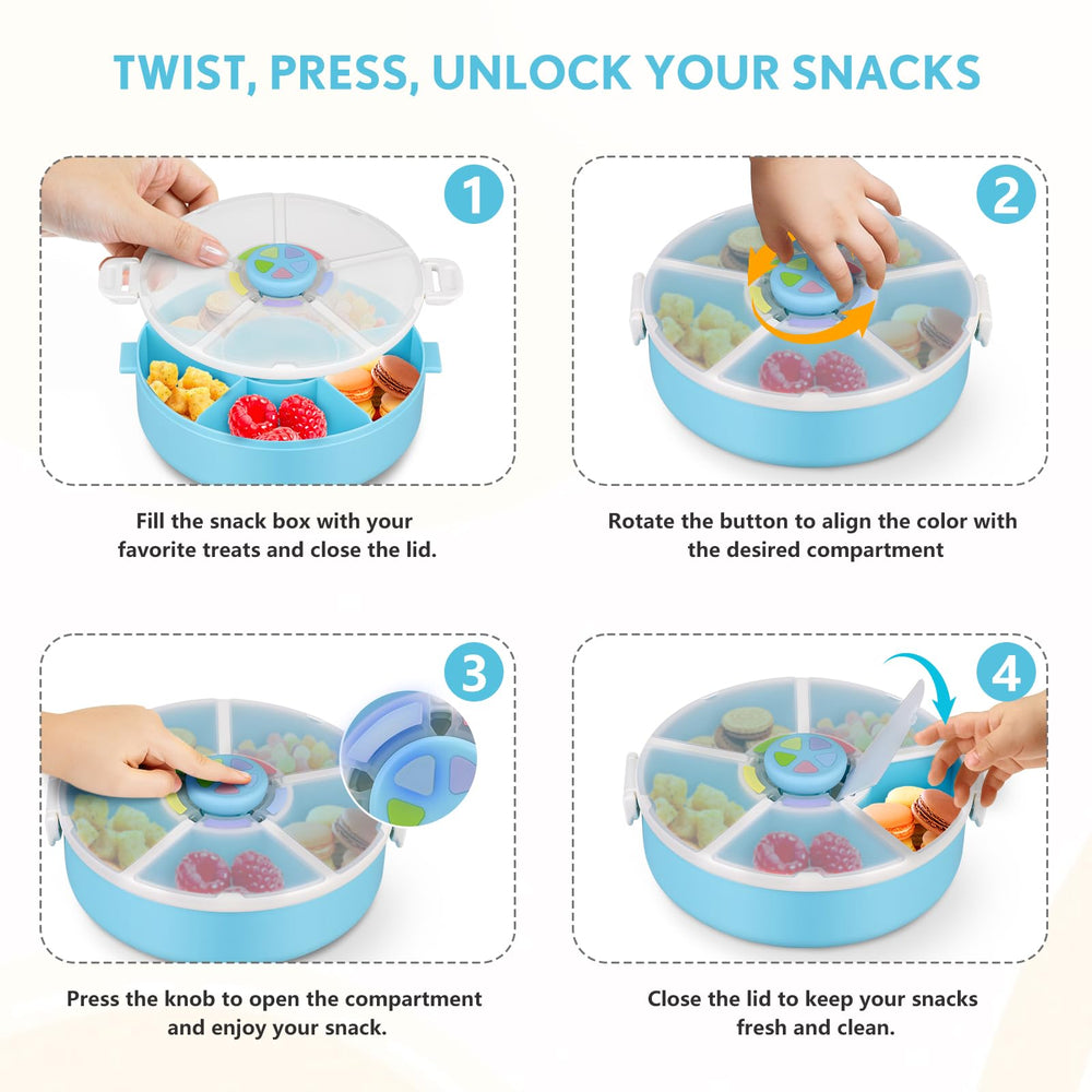 Aimsnk snack spinner lid and body illustrate no-spill design for mess-free school snacks.