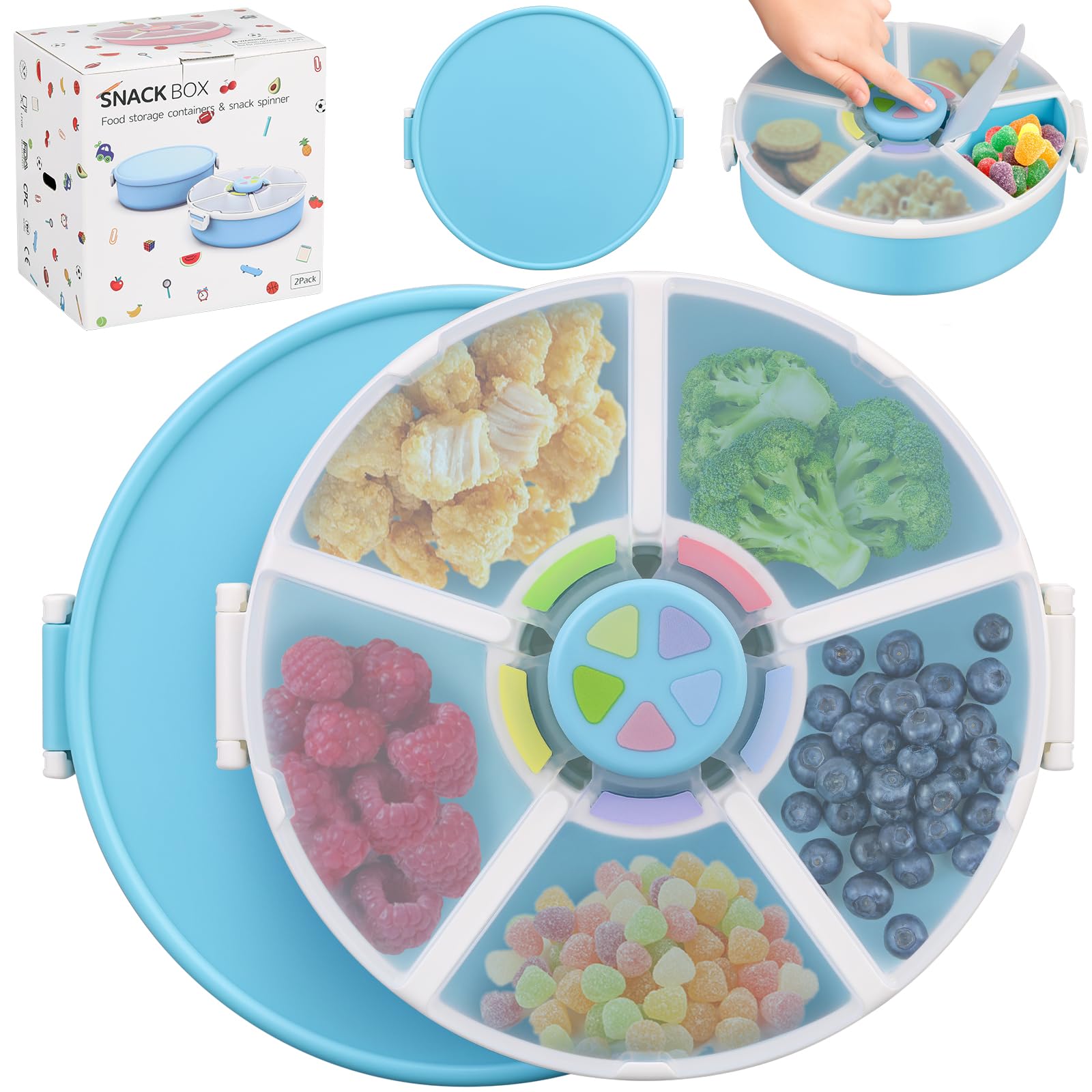 Aimsnk Kids Snack Spinner with five compartments in blue for varied portions.