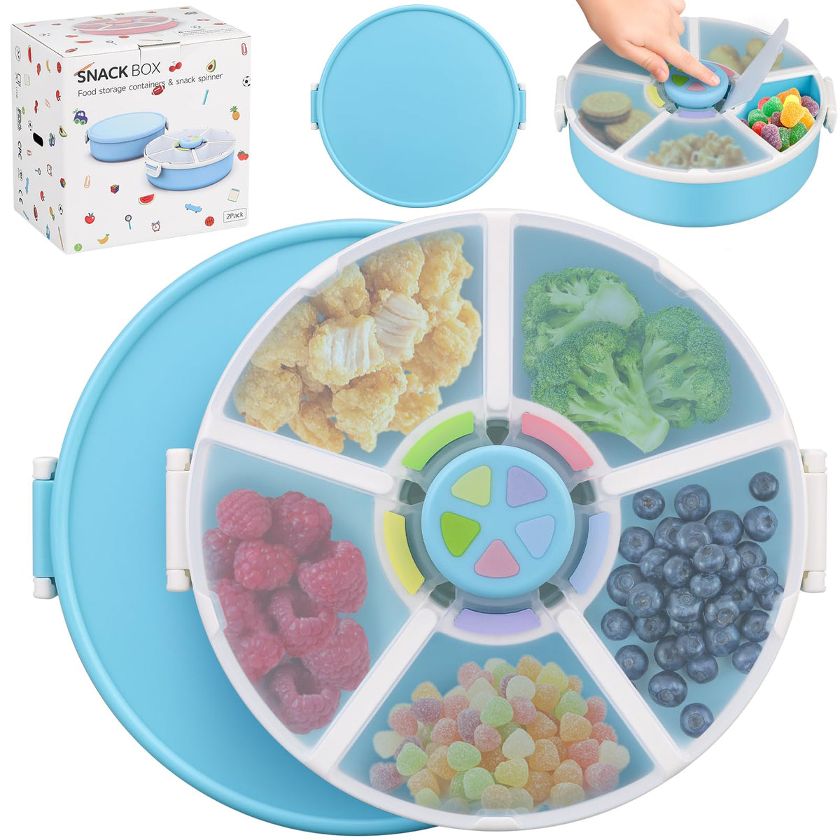 Aimsnk Kids Snack Spinner with five compartments in blue for varied portions.