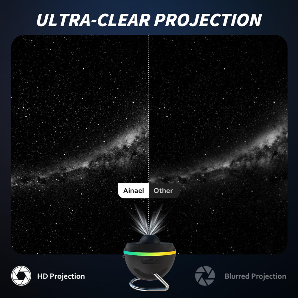 Ainael Galaxy Projector side view showing compact bedside design