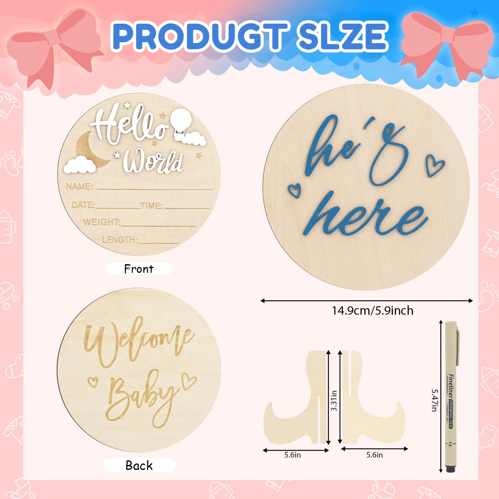 AINBIN Hes Here front engraving for baby arrival decor