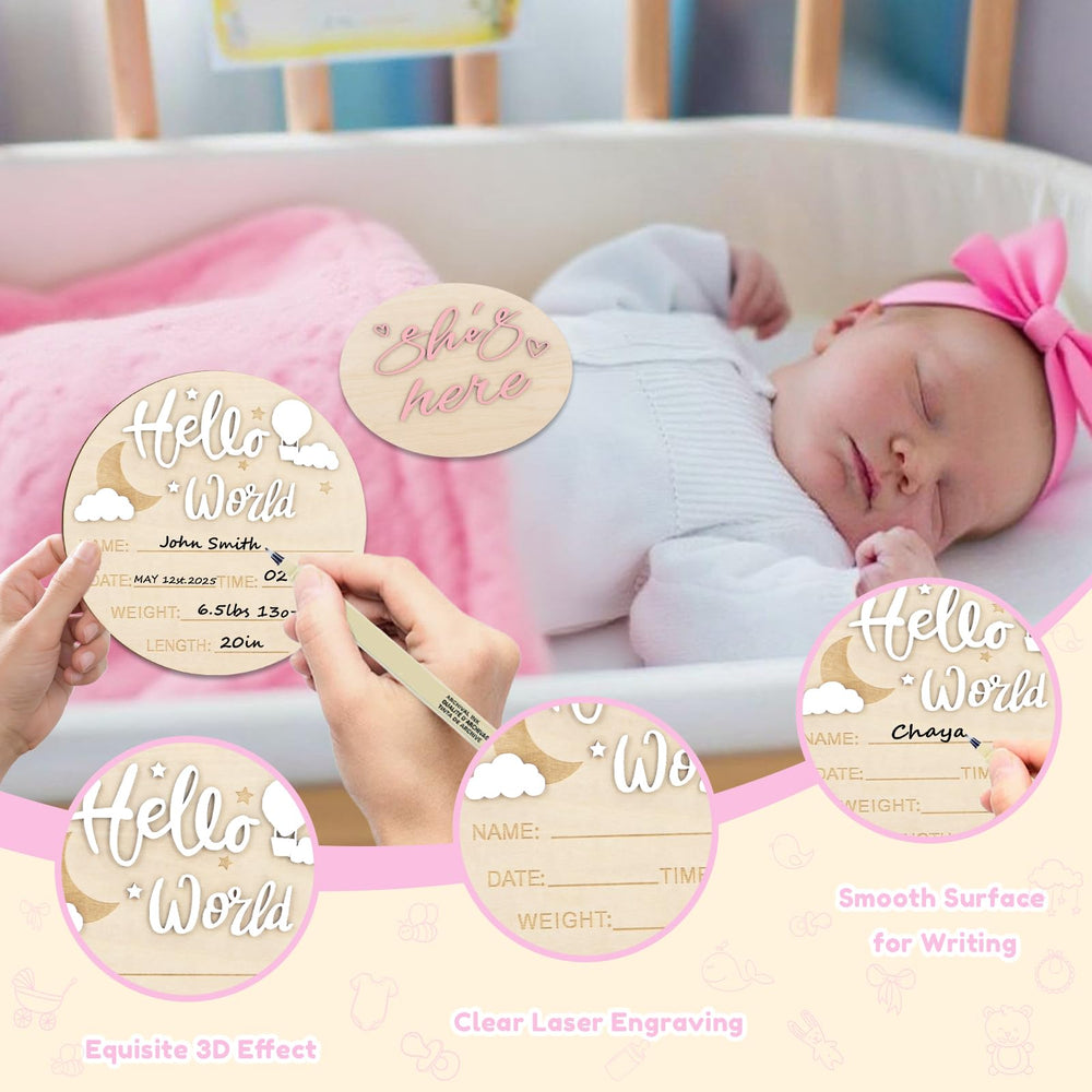 AINBIN Newborn sign, solid basswood, 5.9-inch diameter, durable keepsake for nursery decor.