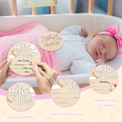 AINBIN Newborn sign, solid basswood, 5.9-inch diameter, durable keepsake for nursery decor.
