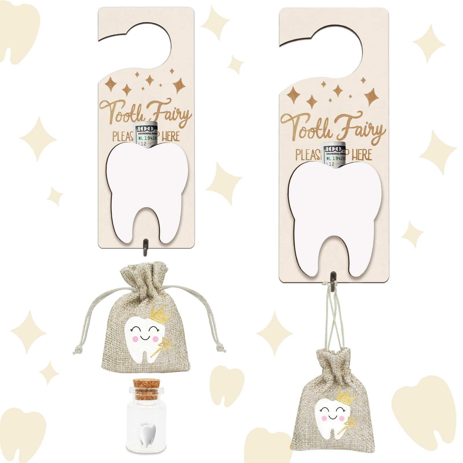 AINBIN Tooth Fairy door hanger with natural wood for a playful milestone display.