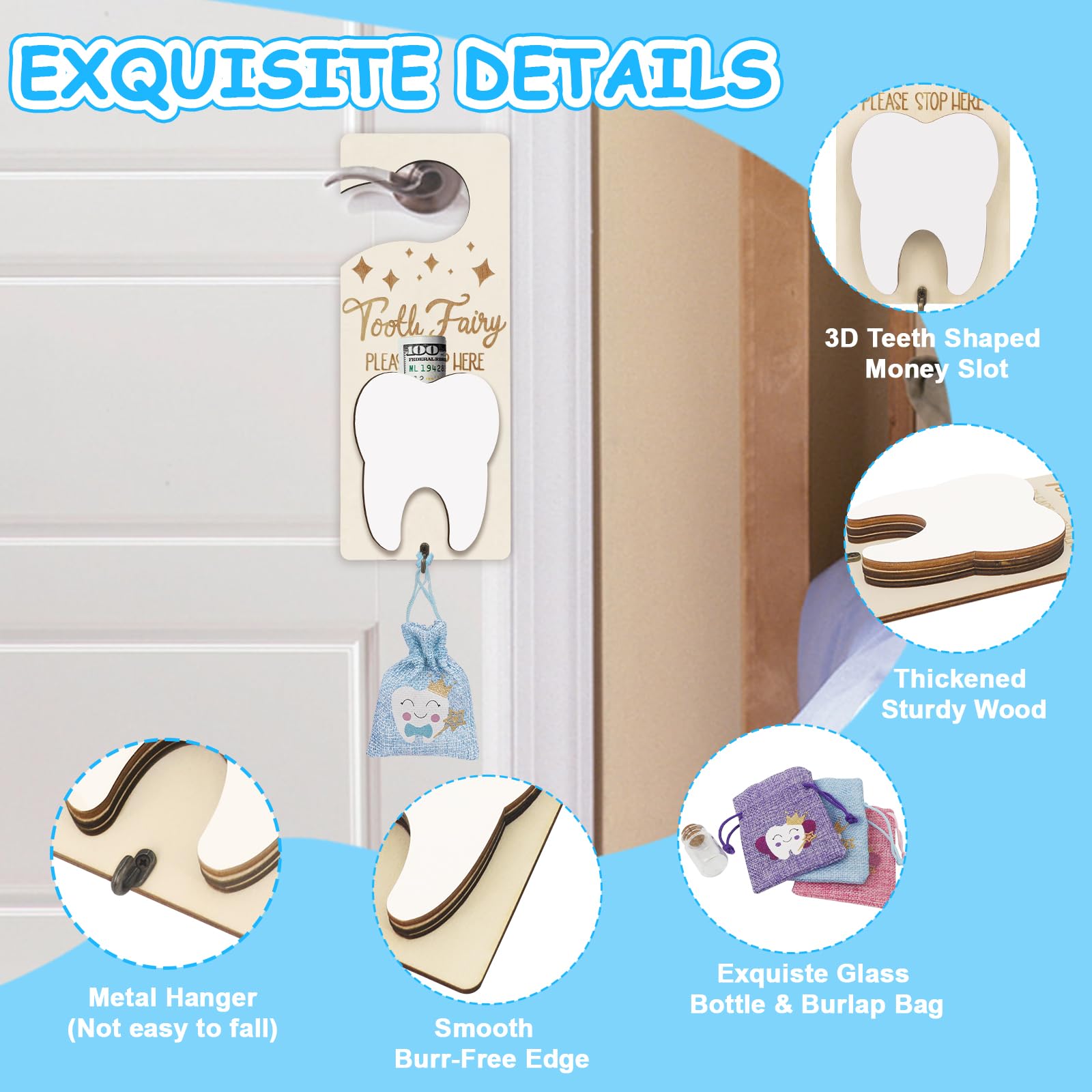 AINBIN Tooth Fairy holder set includes hanger, pouch, and bottle