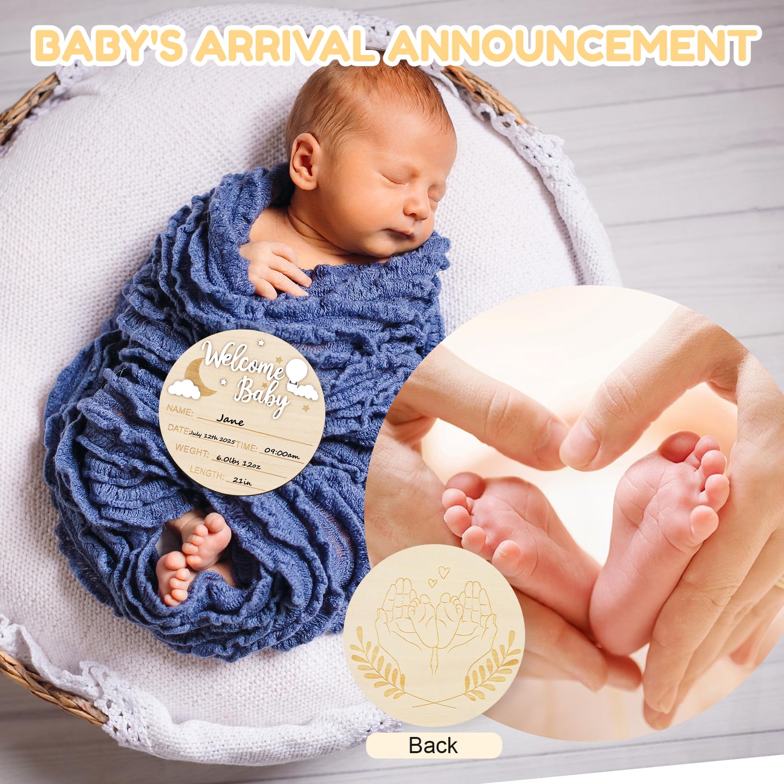 AINBIN wooden birth announcement plaque showing 3D Welcome and Baby