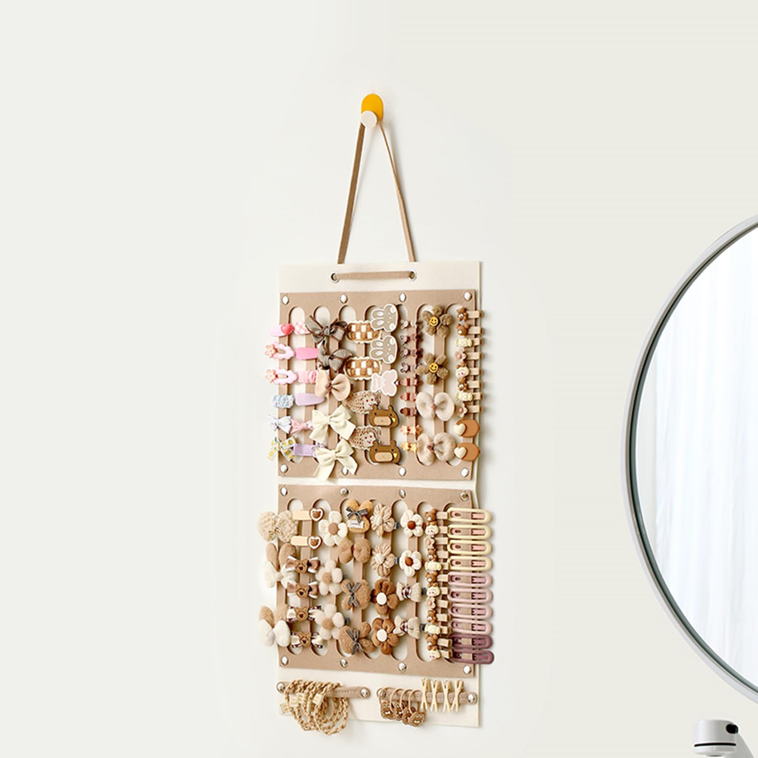 AIQRIWV felt hair accessories rack showcasing a neat array of clips