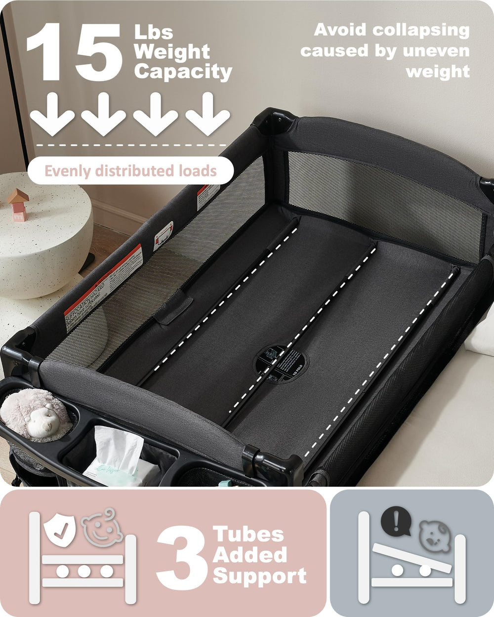 AirClub 4-in-1 bassinet transitions to changing table and playable space.