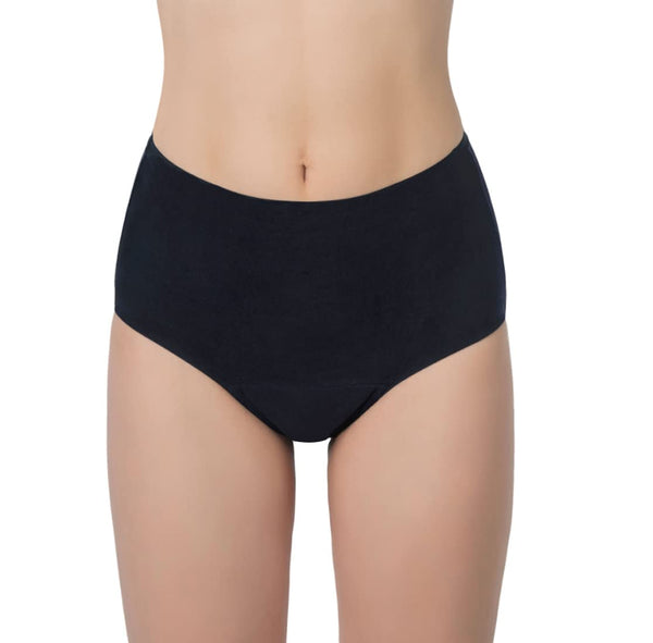 AIRCUTE absorbent underwear in black, front view, discreet protection for light leaks.