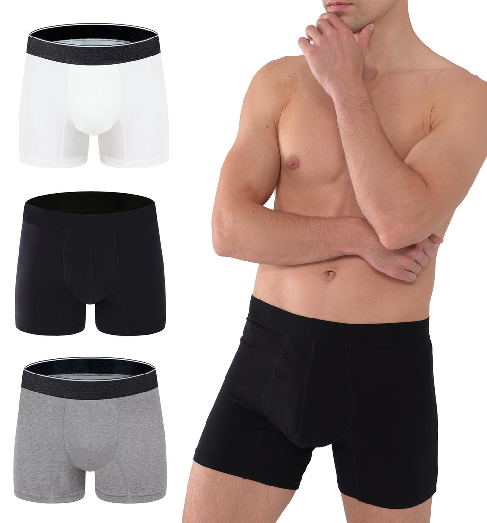 AIRCUTE boxer briefs front view in black showing a discreet 60 ml absorbency for everyday dryness.