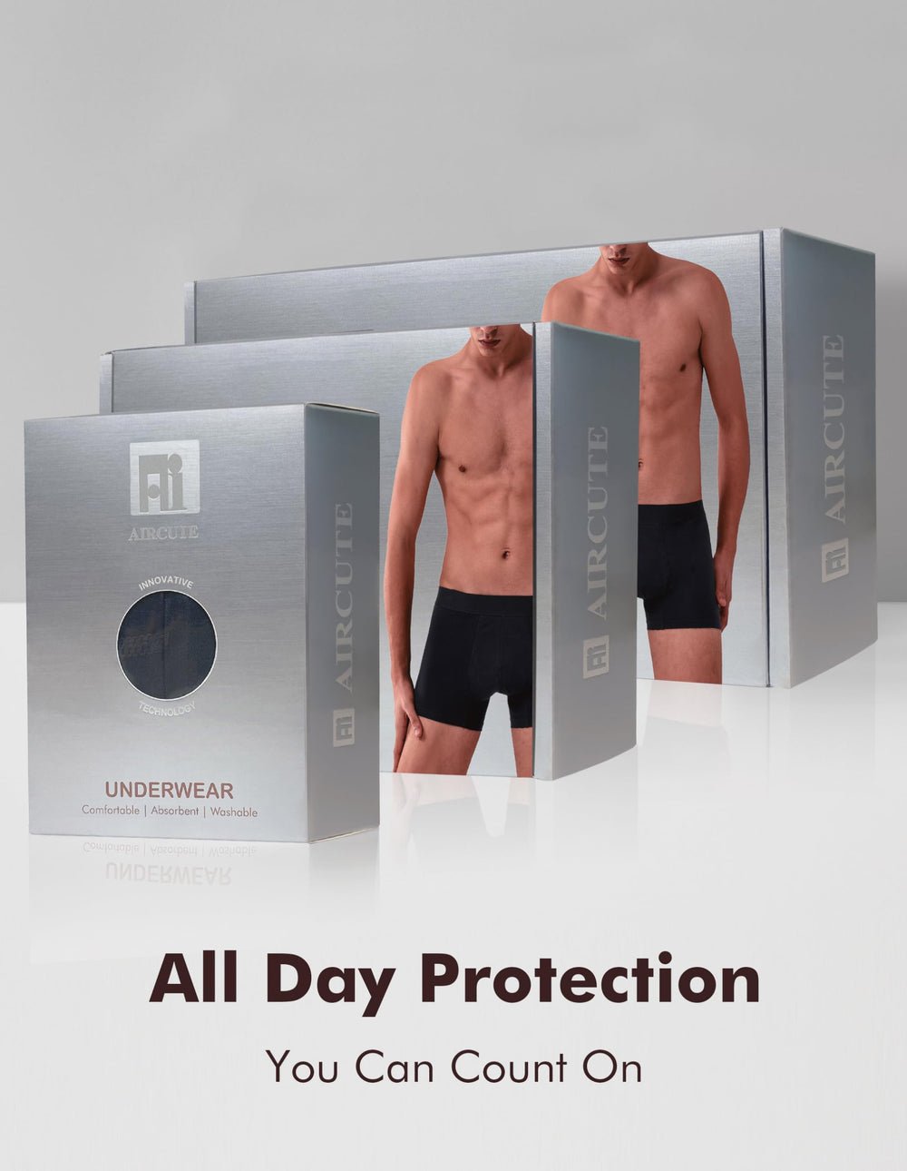 AIRCUTE three-pack packaging display showing reusable underwear option.