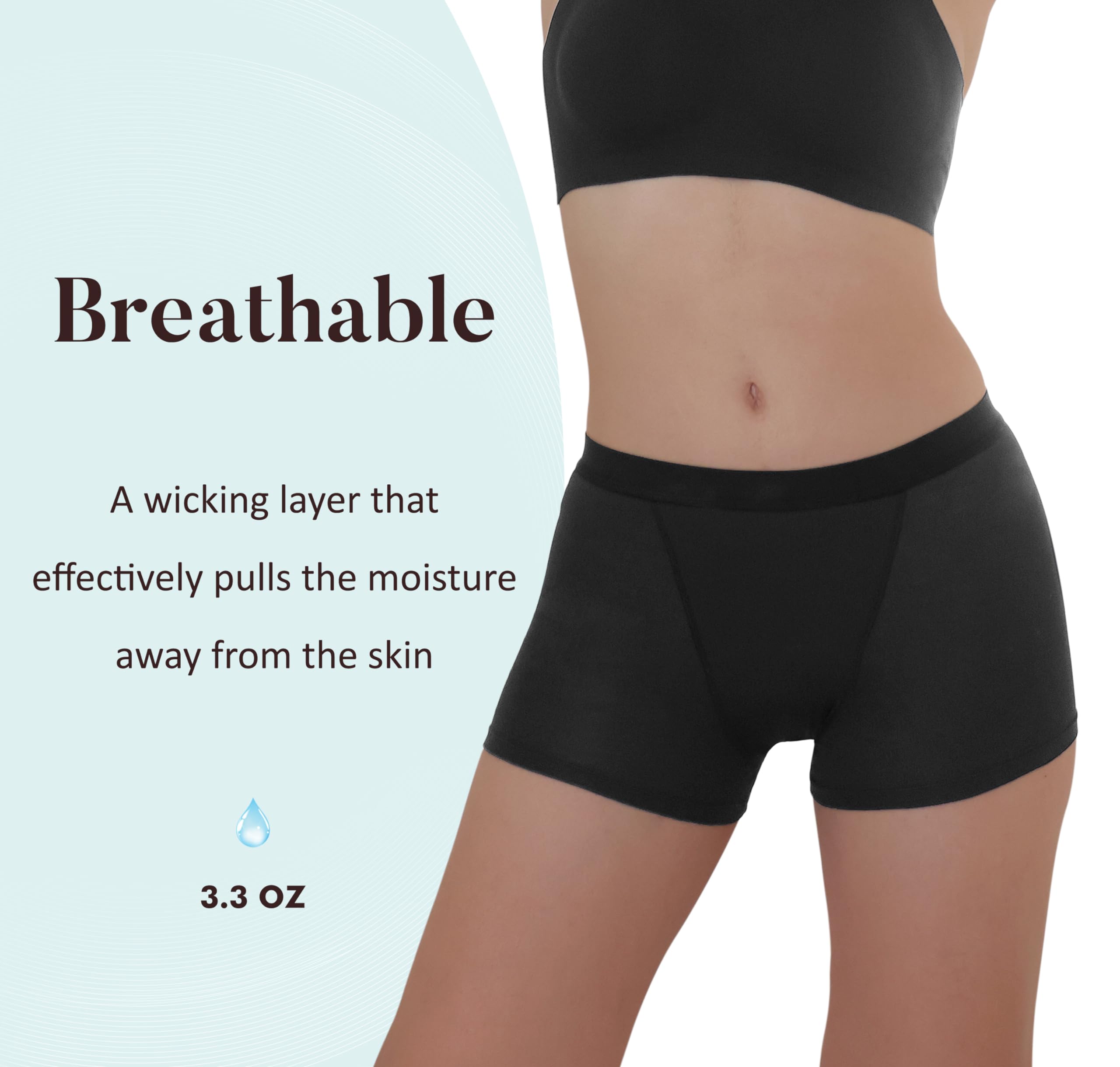 Fabric closeup reveals bamboo rayon softness and moisture-wicking feel.
