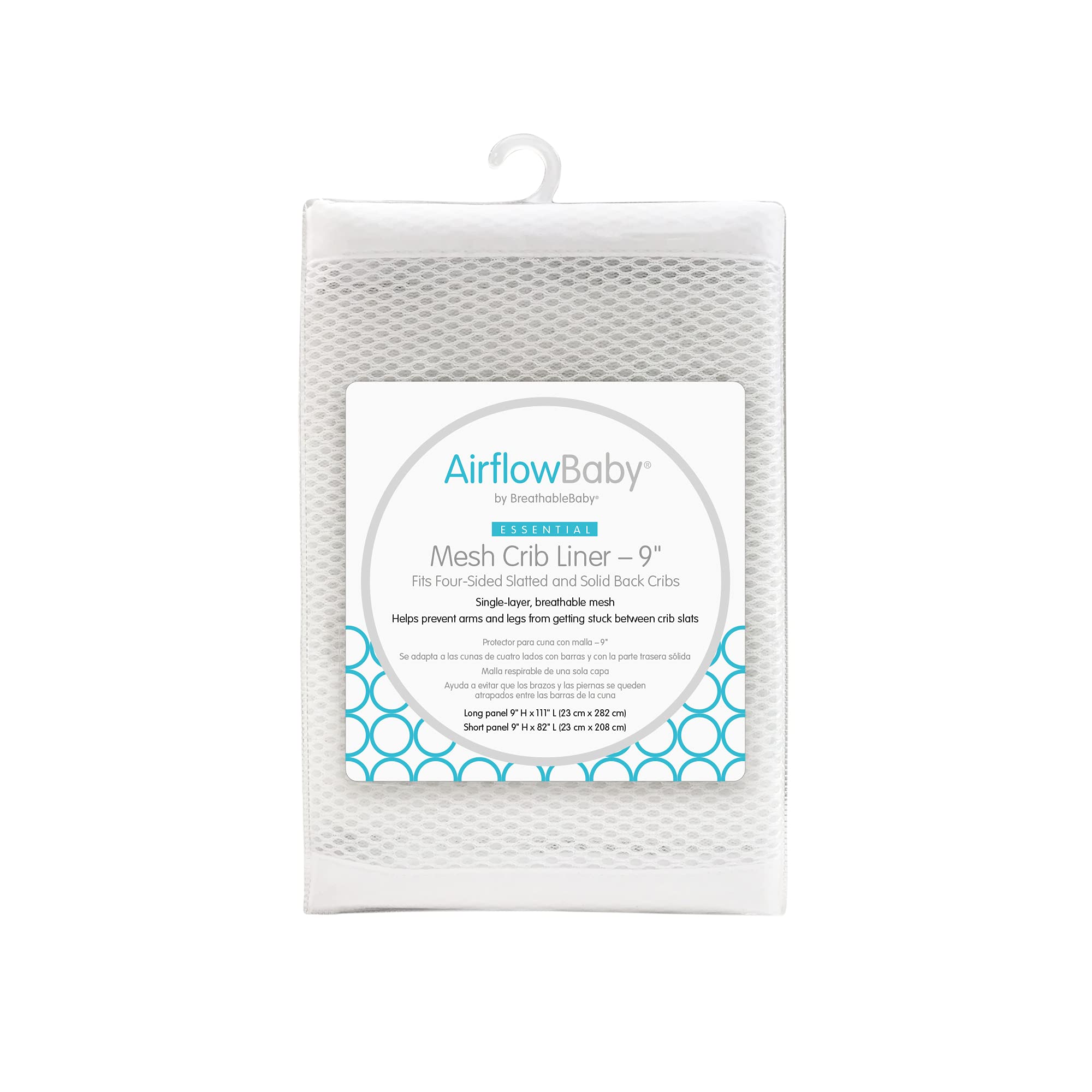 AirflowBaby breathable mesh liner for full-size crib showing 9 inch height, safe airflow and limb protection