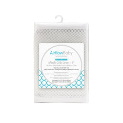 AirflowBaby breathable mesh liner for full-size crib showing 9 inch height, safe airflow and limb protection