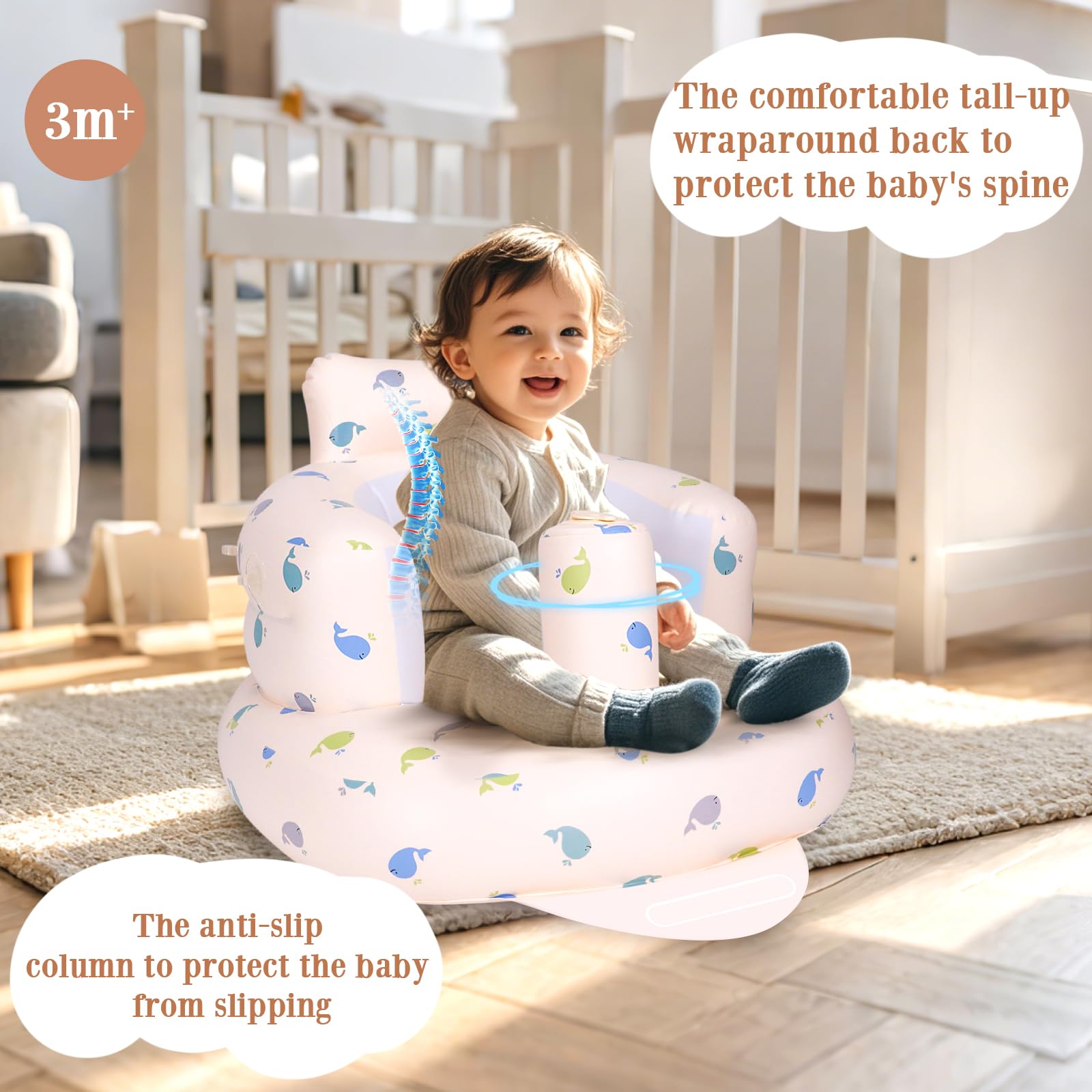 AirSwim ergonomic wraparound back supports posture during seated play.