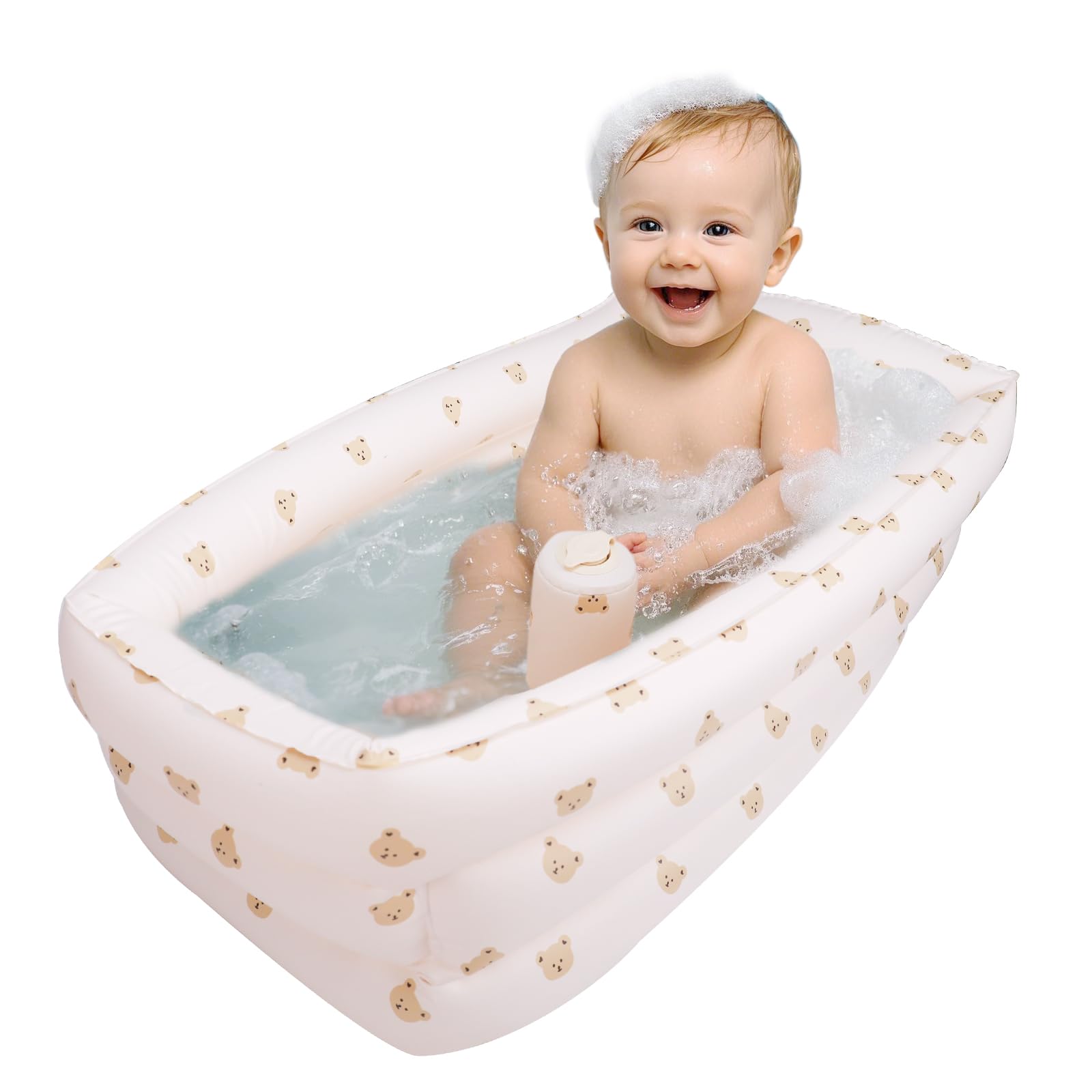 AirSwim bear-head inflatable bathtub showing comfortable seating for safe bath time.