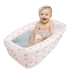 AirSwim bear-head inflatable bathtub showing comfortable seating for safe bath time.