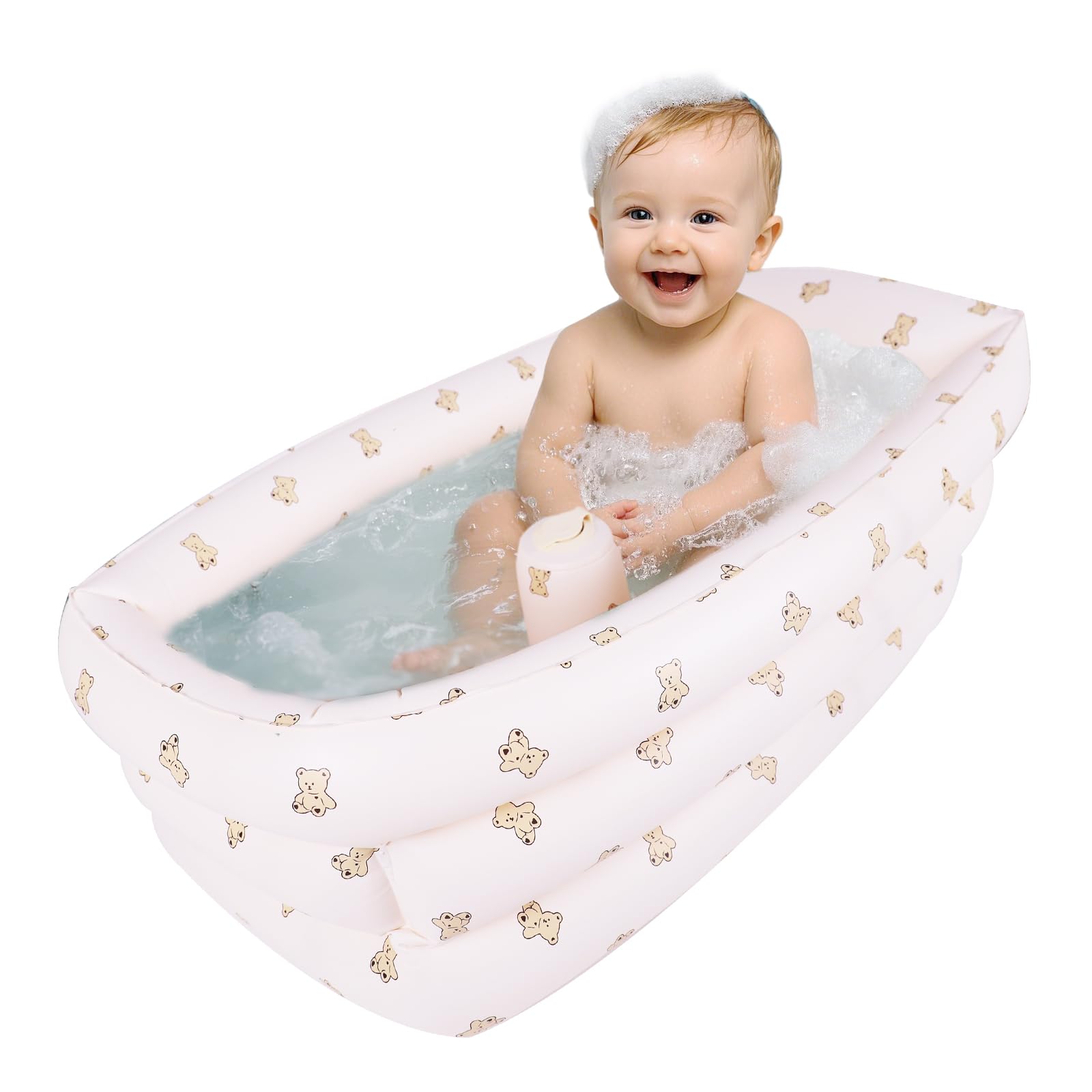 AirSwim inflatable baby bathtub with built-in air pump for quick setup during bath time.