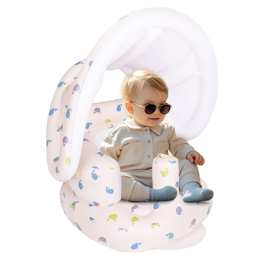 AirSwim inflatable baby seat with detachable canopy shields baby from sun and wind outdoors.