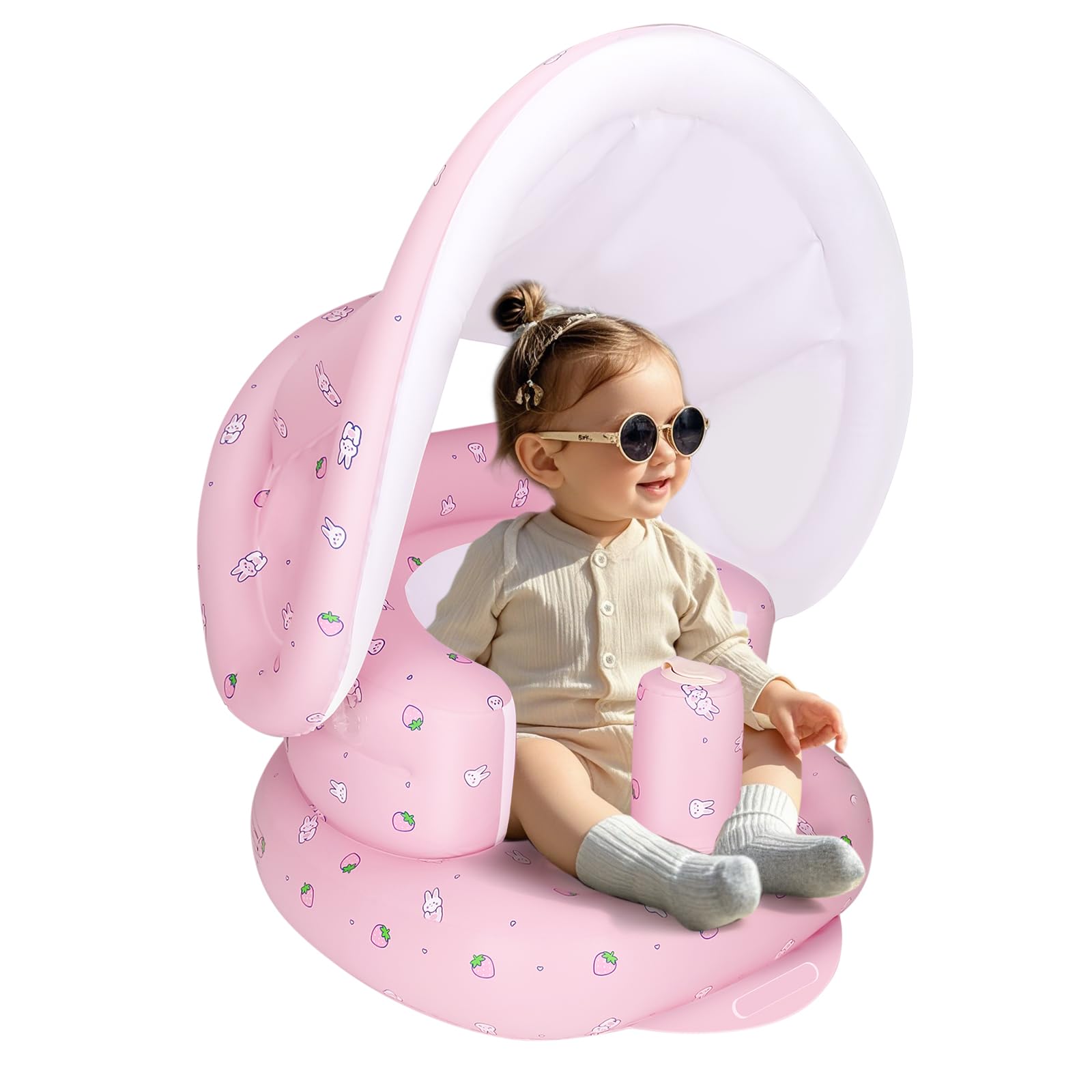 AirSwim inflatable baby seat with detachable canopy provides shade for outdoor play.