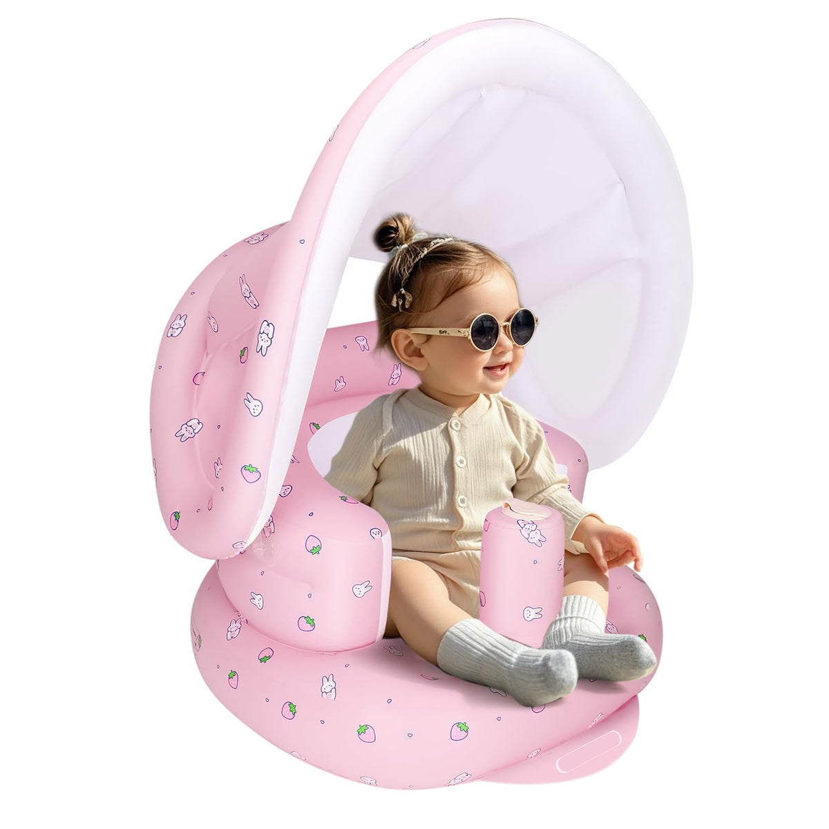 AirSwim inflatable baby seat with detachable canopy provides shade for outdoor play.