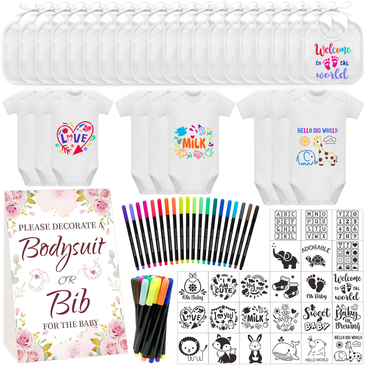 Aisharery Bibs Bodysuits Game Sign Set for tabletop DIY baby shower activities