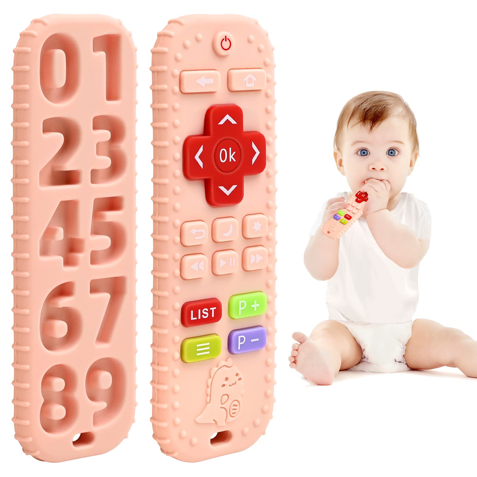 AiTuiTui teething remote-control toy pink, soft silicone for gentle gum relief.