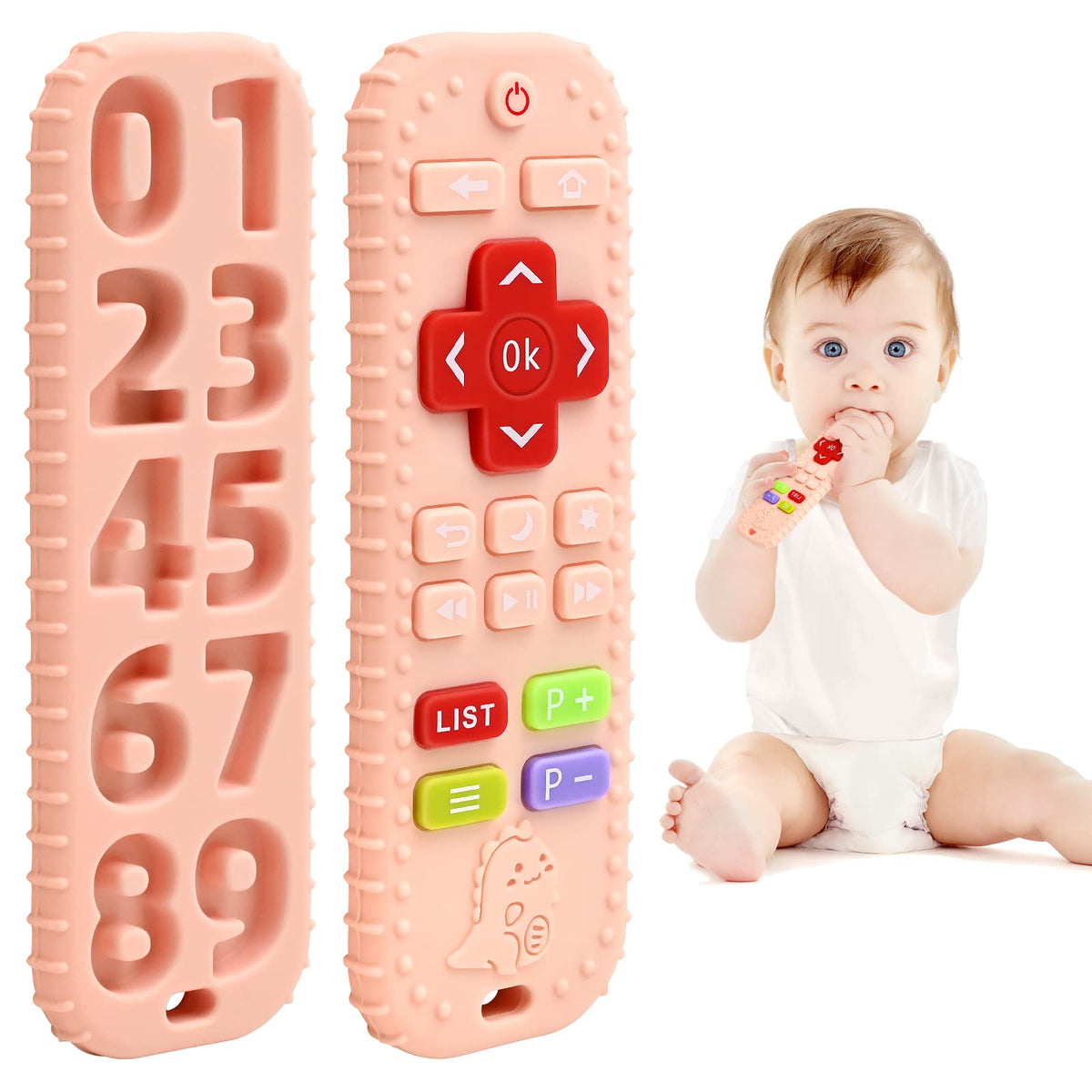 AiTuiTui teething remote-control toy pink, soft silicone for gentle gum relief.