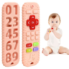 AiTuiTui teething remote-control toy pink, soft silicone for gentle gum relief.