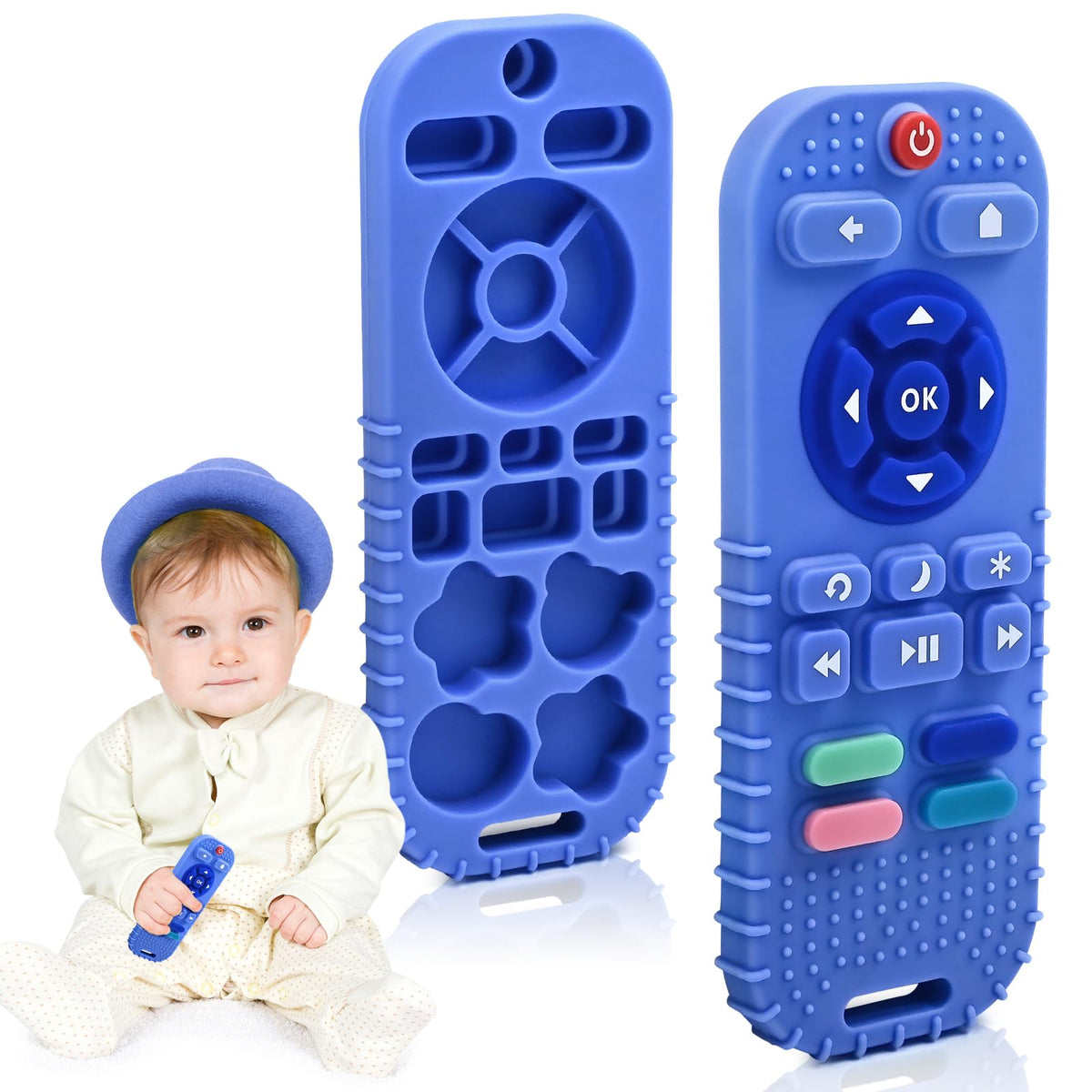 AiTuiTui teething remote toy in dark blue soothing gums and engaging play