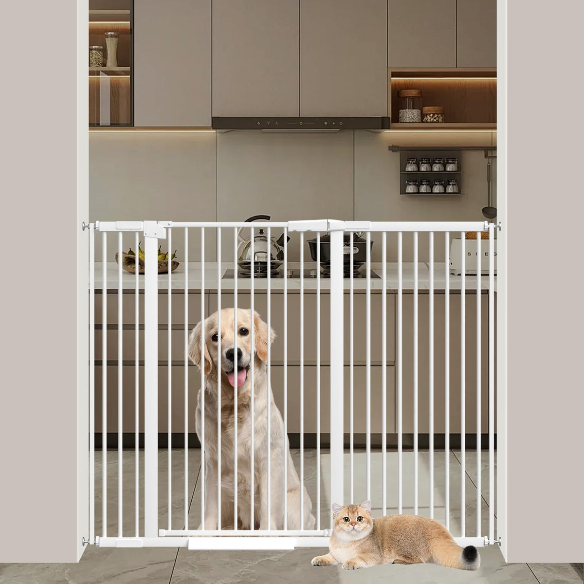 AiWMGL 40.55-inch tall pet gate walk-through keeps doorway passages safe and pet-friendly.
