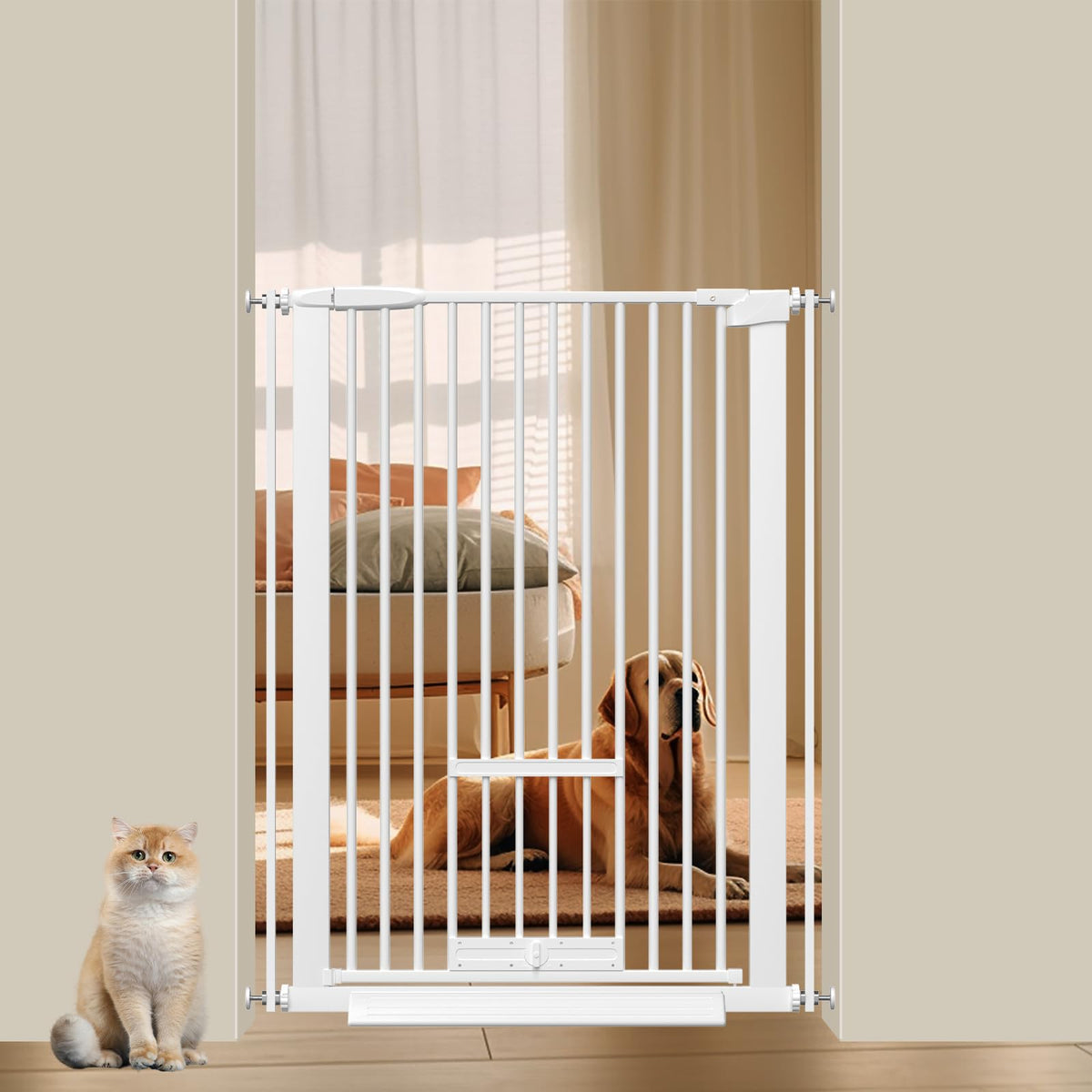 AiWMGL 40.55 tall pet gate with cat door in doorway for safety.