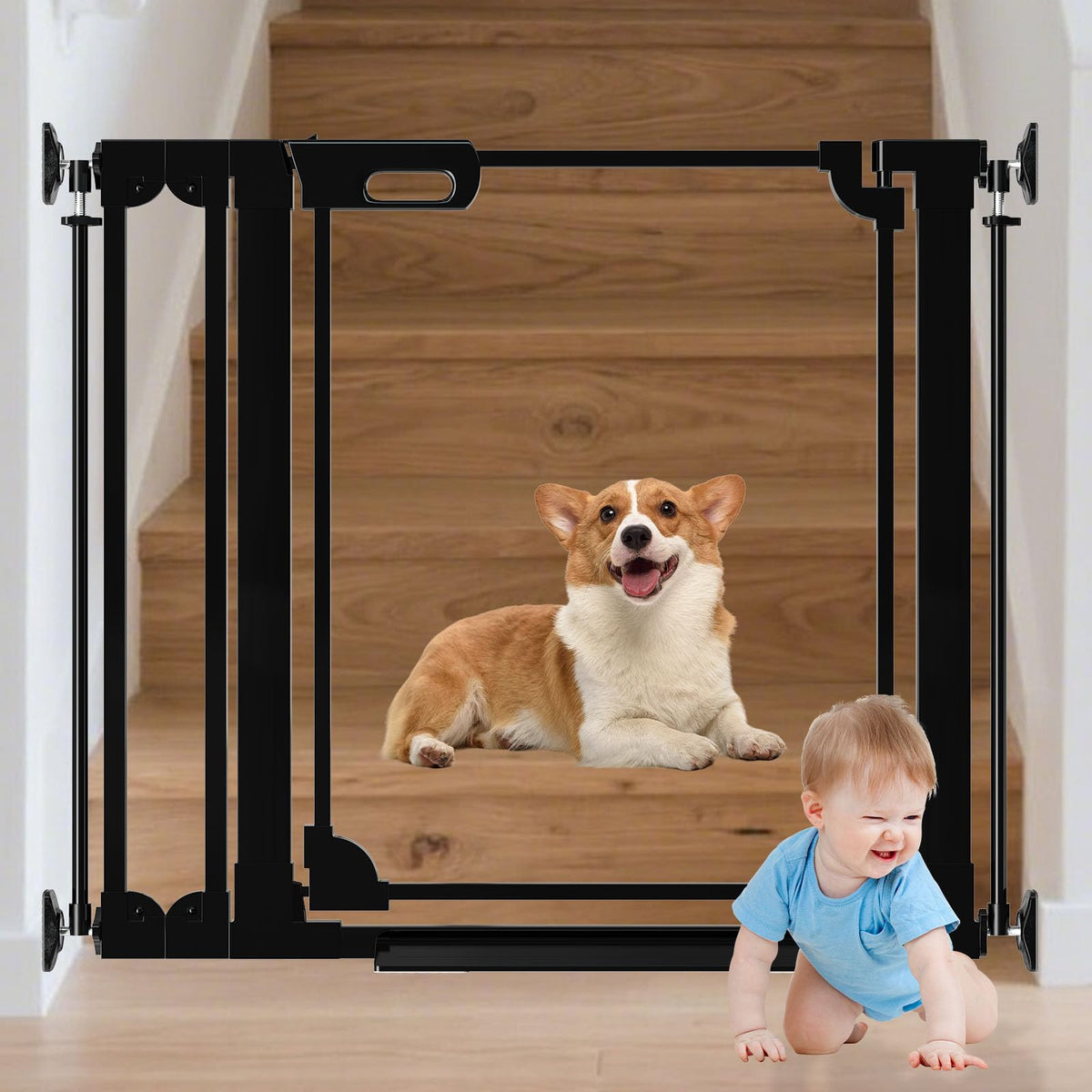 AiWMGL Clear Baby Gate showing adjustable width for stairs and doorways