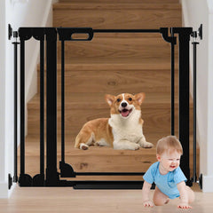 AiWMGL Clear Baby Gate showing adjustable width for stairs and doorways