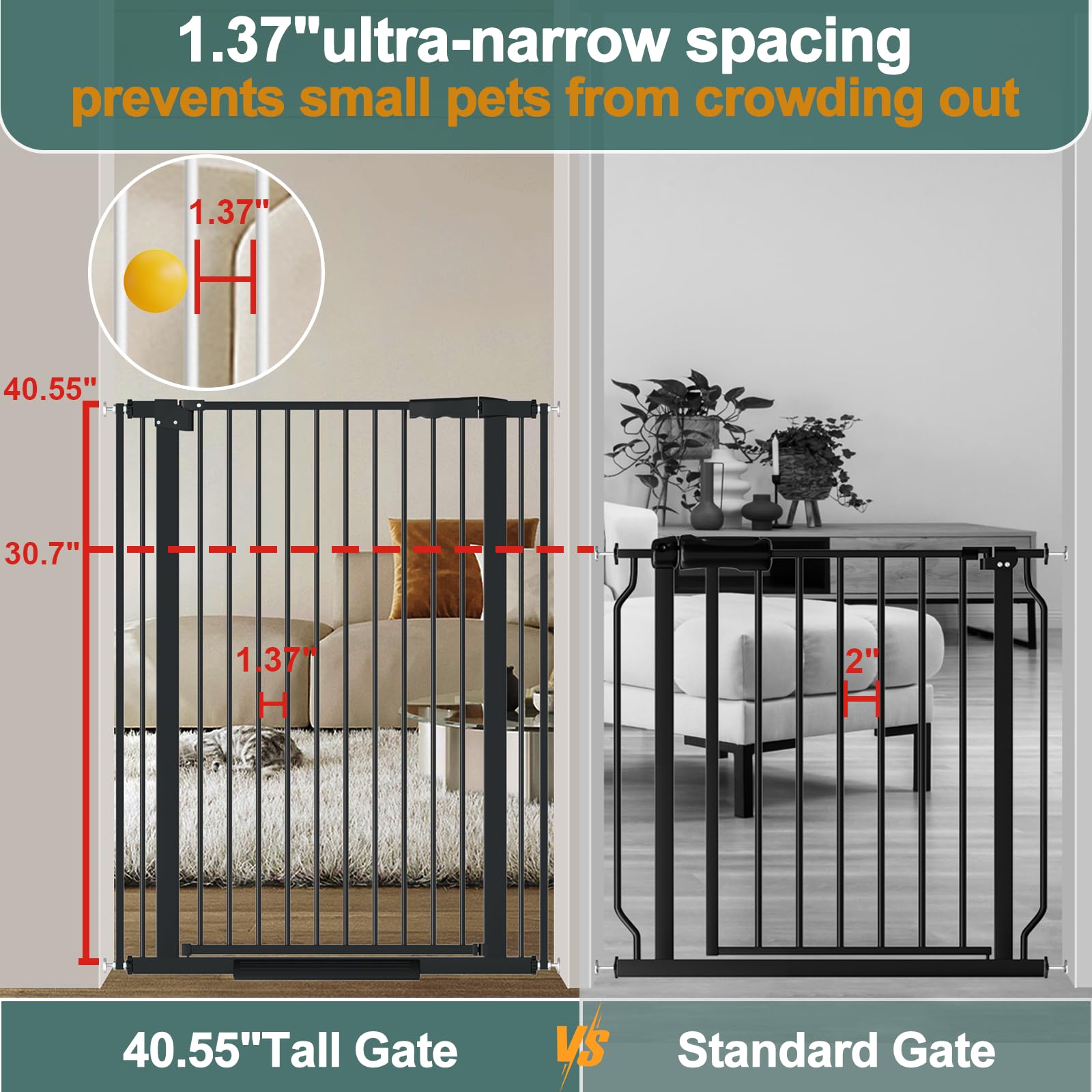 AiWMGL gate side-angle highlights slim 1.37" spacing to prevent squeezes.