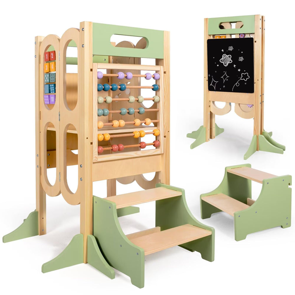aiwo 6in1 toddler tower front view with foldable design for space saving.