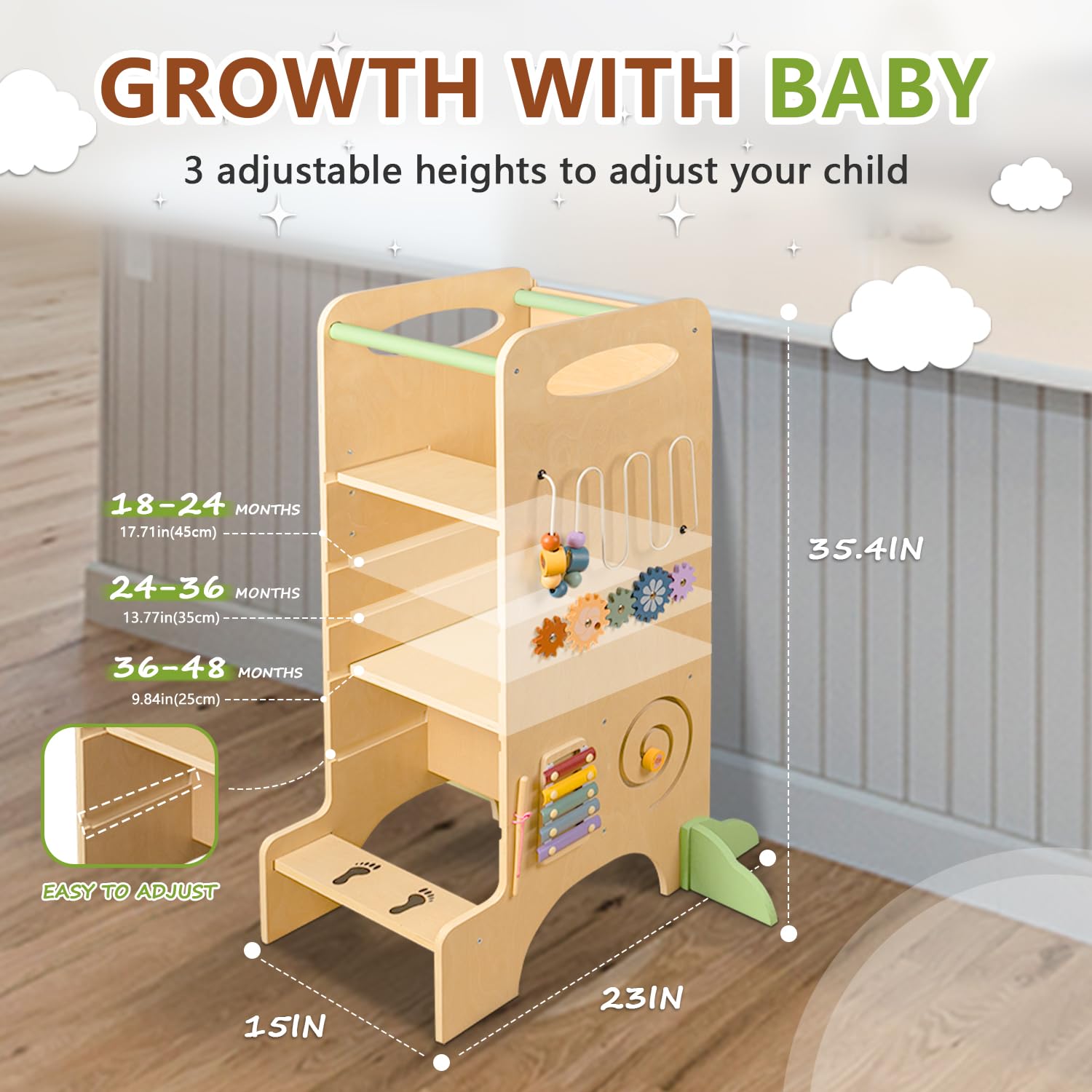 aiwo toddler tower 3-height adjustment lets growing children reach counters safely.