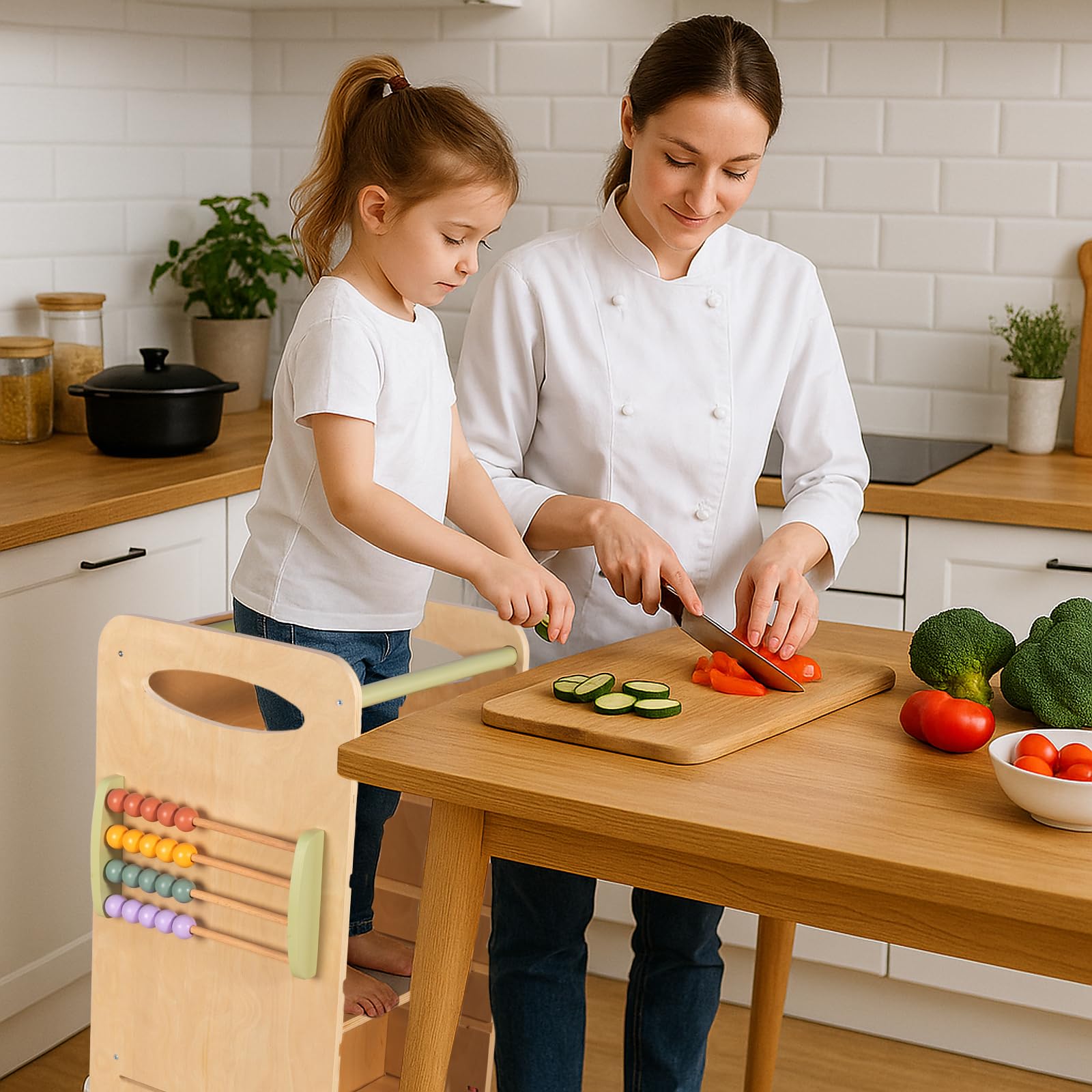 aiwo toddler tower anti-tip rails provide stable support during activities.
