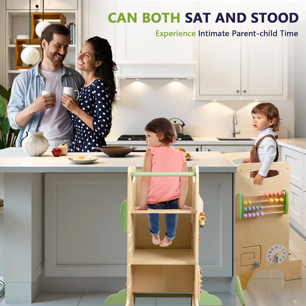 aiwo toddler tower chalkboard feature invites kids to draw during kitchen time.