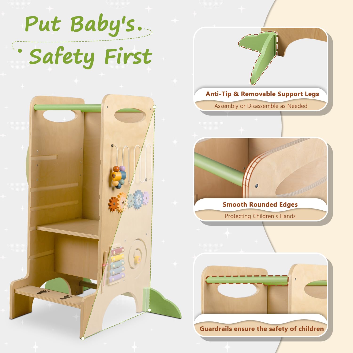 aiwo toddler tower wide base enhances stability for confident standing.