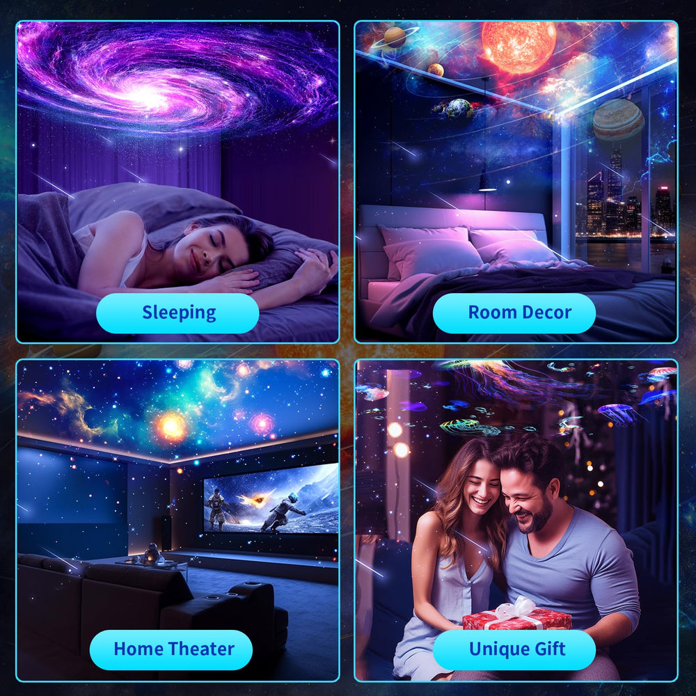 aiyotto star projector wide-angle lens covers large ceiling areas for whole-room immersion.