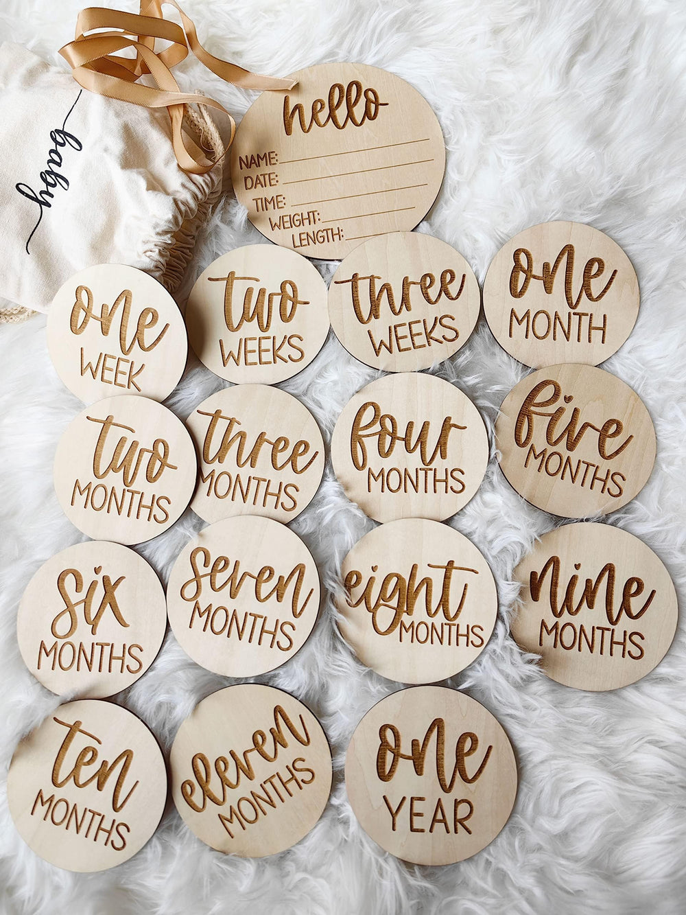 AJDVART birch milestone discs for 1–12 months in milestone photos.