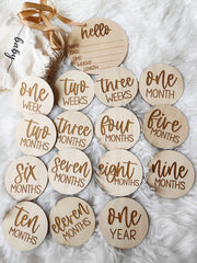 AJDVART birch milestone discs for 1–12 months in milestone photos.