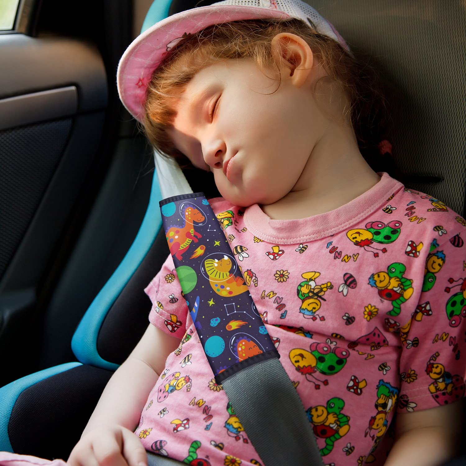AJLTPA Seatbelt pad on car seat during trips.