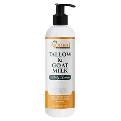 AJOMED Tallow & Goat Milk Body Lotion bottle; unscented hydration for sensitive skin.